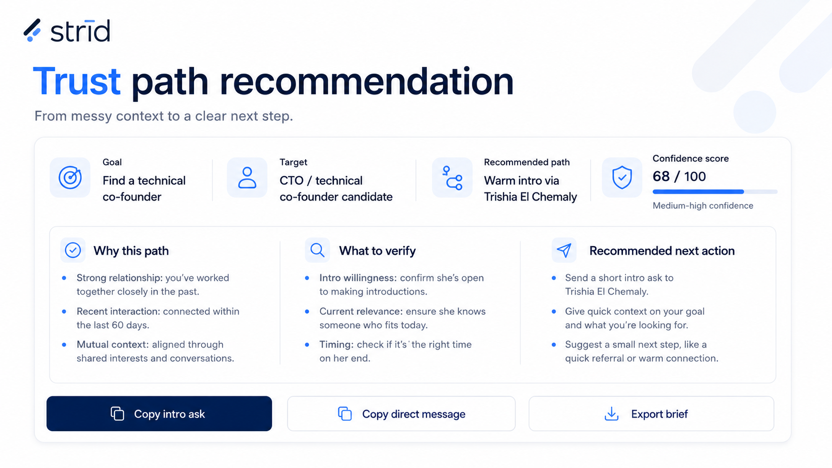 Strīd trust path recommendation with goal, target, recommended path, confidence score, and next action.
